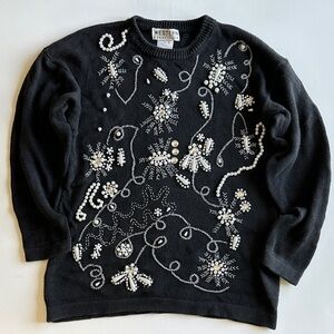 Vintage Black Beaded Sweater Western Fashions Pearl Sequin Embellished Size M